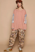 POL Coral Clay Round Neck Long Sleeve Roomy Fit Top with Stitch Detail