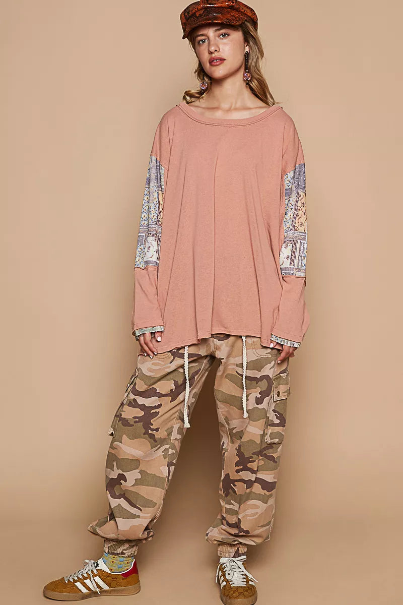 POL Coral Clay Round Neck Long Sleeve Roomy Fit Top with Stitch Detail