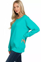 Zenana Turquoise Fleece Boat Neck Sweatshirt