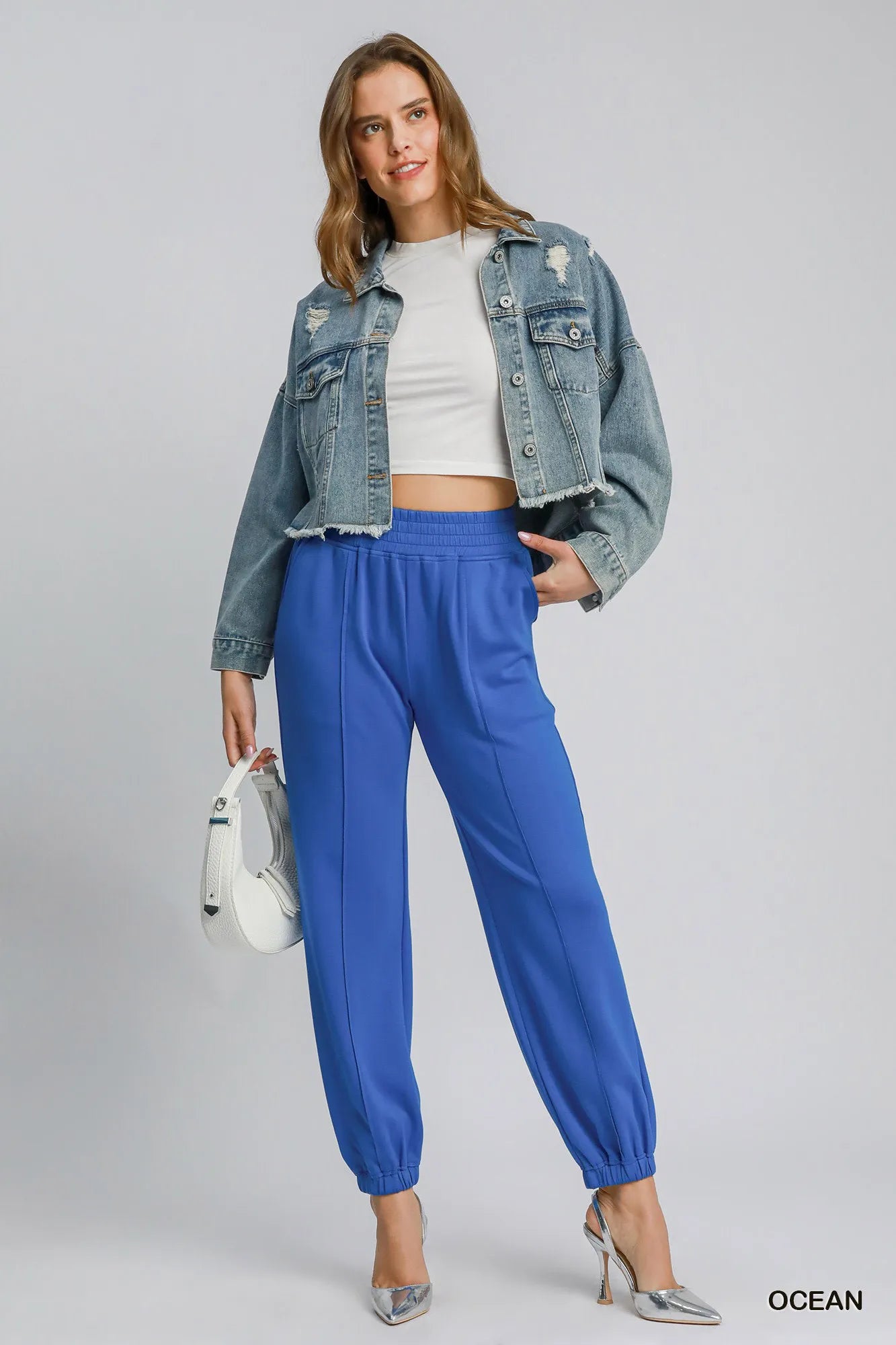 Umgee Drawstring Jogger Pants with Front Seam Detail in Ocean