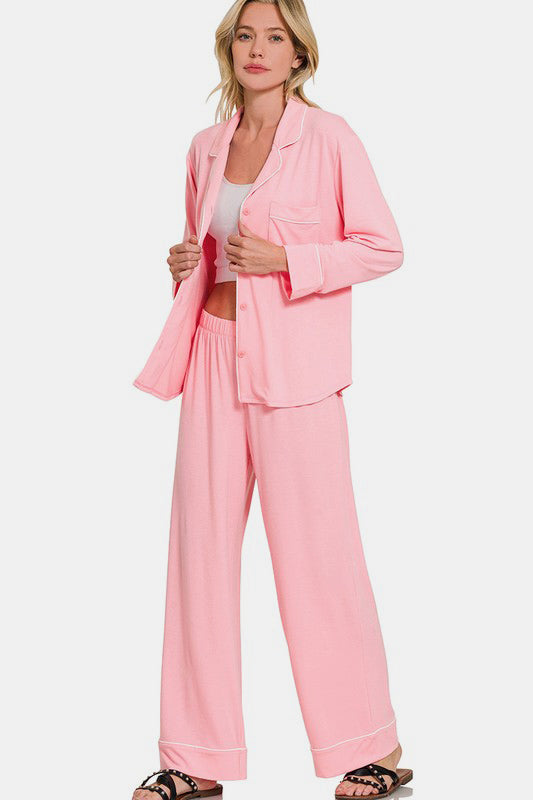 Zenana Pink Button Down Long Sleeve Top and Pants Lounge Set Loungewear