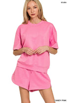 Zenana Dark Green Scuba Short Sleeve Top & Shorts Set