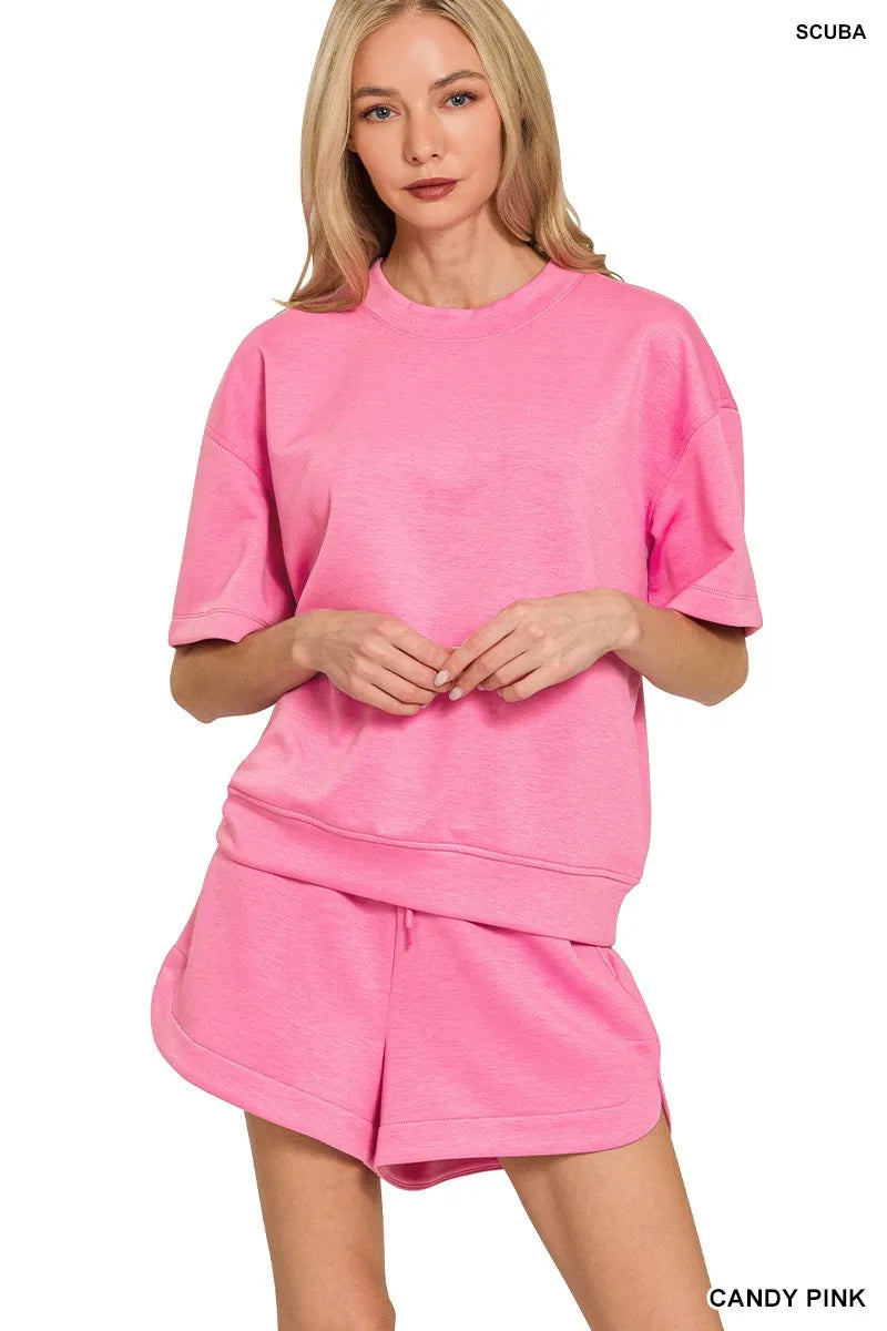 Zenana Dark Green Scuba Short Sleeve Top & Shorts Set