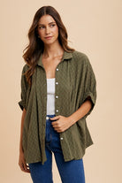 Annie Wear Olive Checkered Button Up Half Sleeve Shirt Olive