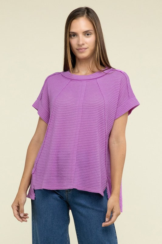 Zenana Brushed Waffle Exposed-Seam Short Sleeve Top ZENANA