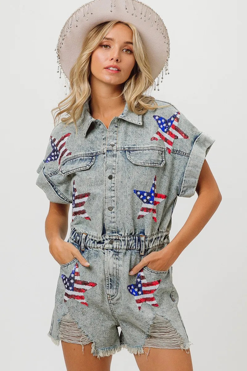 BiBi American Flag Washed Denim Romper