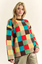 Davi & Dani Brown Multicolor Color Block Checkered Dropped Shoulder Sweater