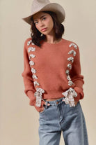 SO ME Rust Checkered Plaid Tape Lace Up Ribbed Sweater RUST
