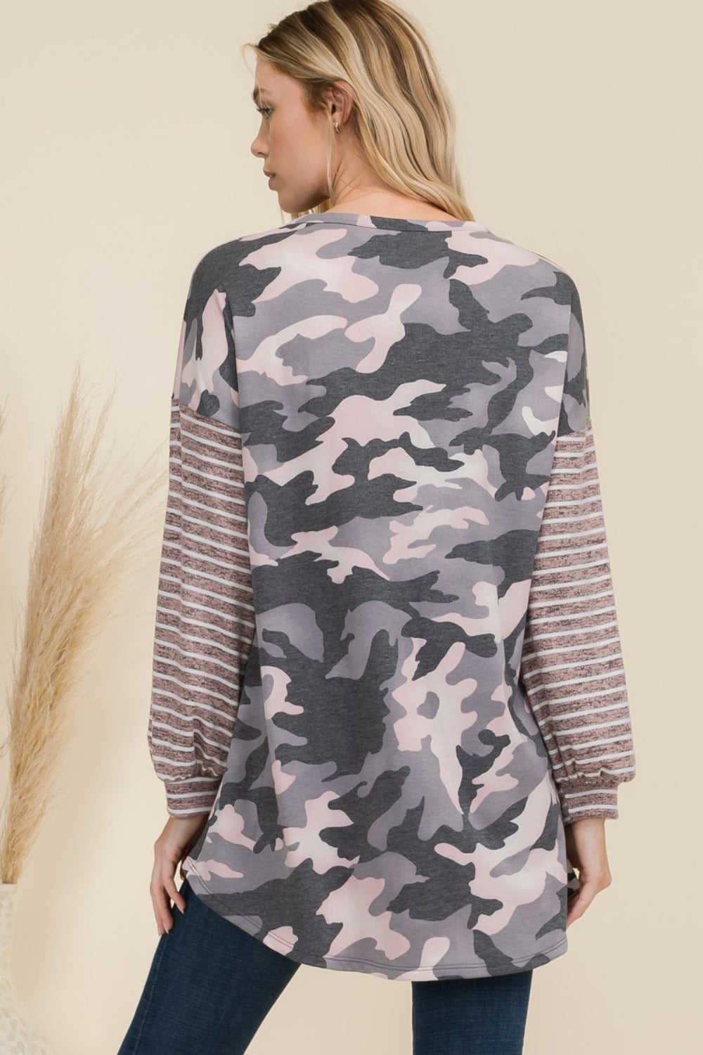 Celeste Camo Print High-Low T-Shirt with Stripe Sleeves