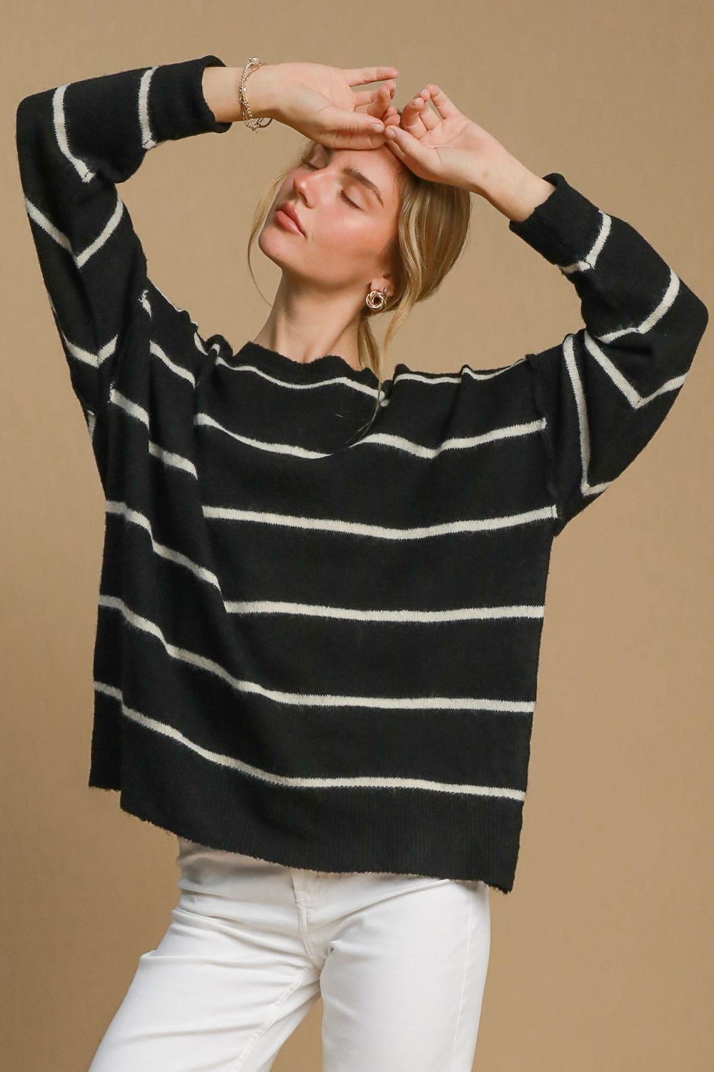 Umgee Black & Cream Wool Blend Striped Round Neck Sweater Black Cream Shirts & Tops