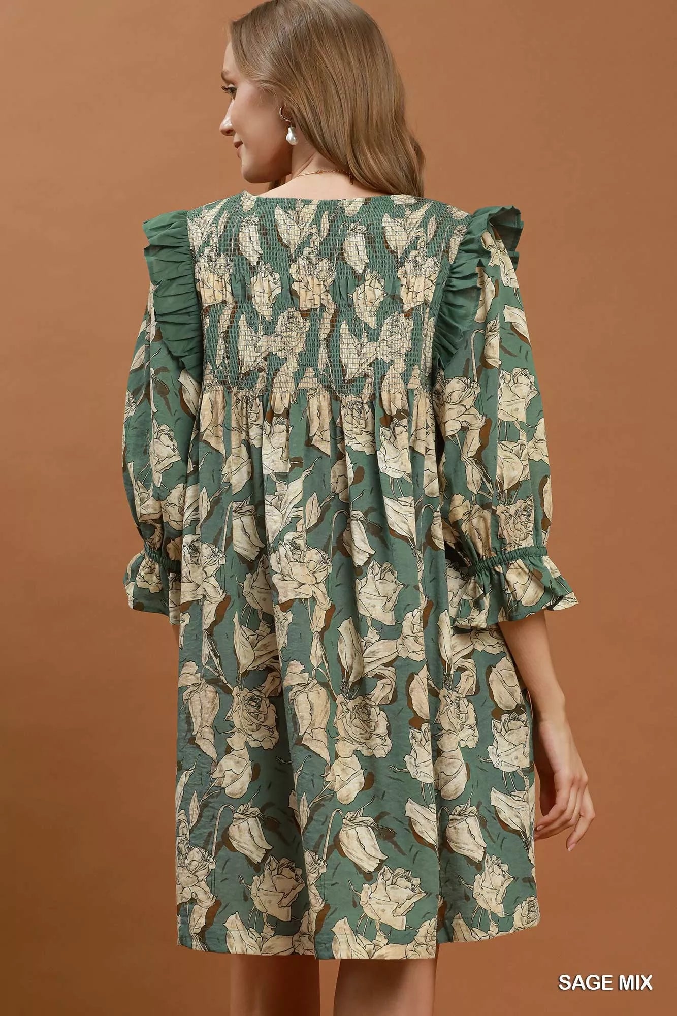Umgee Sage Mix Floral Print Smocked Ruffle Detail Flowy Dress