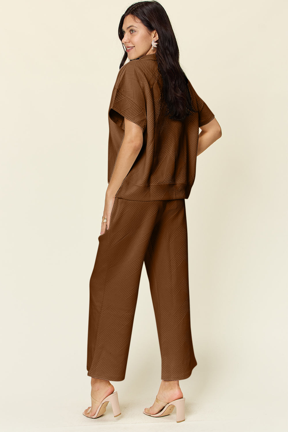 Double Take Quilted Textured Half Zip Short Sleeve Top and Pants Set Trendsi