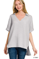 Zenana Double Gauze Short Sleeve High-Low Top LT GREY