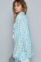 POL Pastel Blue Crochet Button Up Cardigan with Chest Patch Pockets