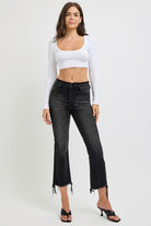 RISEN Black Raw Hem Cropped Flare Jeans