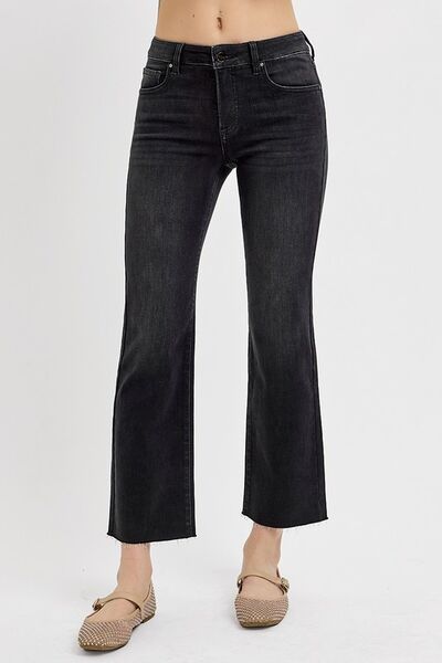 RISEN Black Tummy Control Mid Rise Crop Straight Jeans