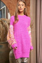 Davi & Dani Sequin Sleeve Sweater Knit Tunic Top Pink Davi & Dani