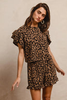 BiBi Leopard Print Waffle Texture Layered Ruffle Sleeve Top and Shorts Set TAUPE BLACK