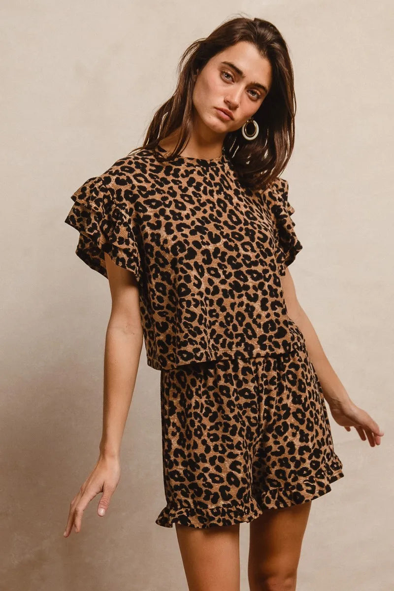 BiBi Leopard Print Waffle Texture Layered Ruffle Sleeve Top and Shorts Set TAUPE BLACK