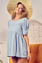 BiBi Light Blue Cotton Span Knit with Puff Sleeve Baby Doll Top