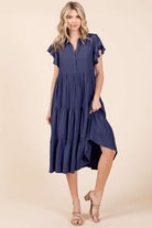 Mittoshop Dark Navy Ruffle Sleeve Collared V Neck Tiered Midi Dress