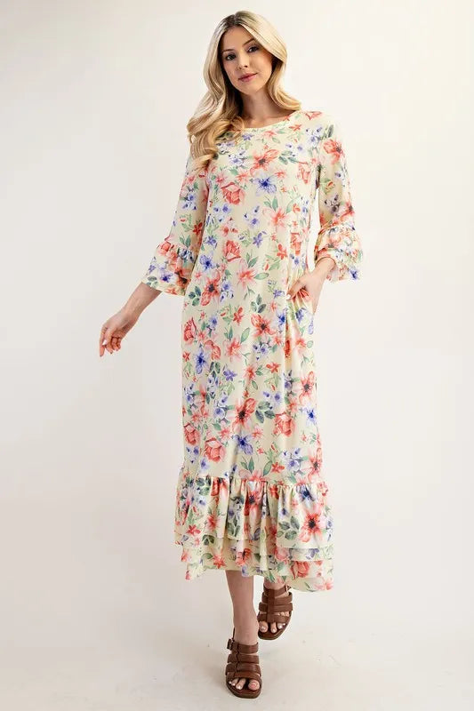 Celeste Soft Yellow Floral Ruffle Trim Dress YELLOW FLORAL