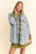 Davi & Dani Light Blue Curved Hem Diamond Quilted Button Up Denim Shacket Light Blue Trendsi