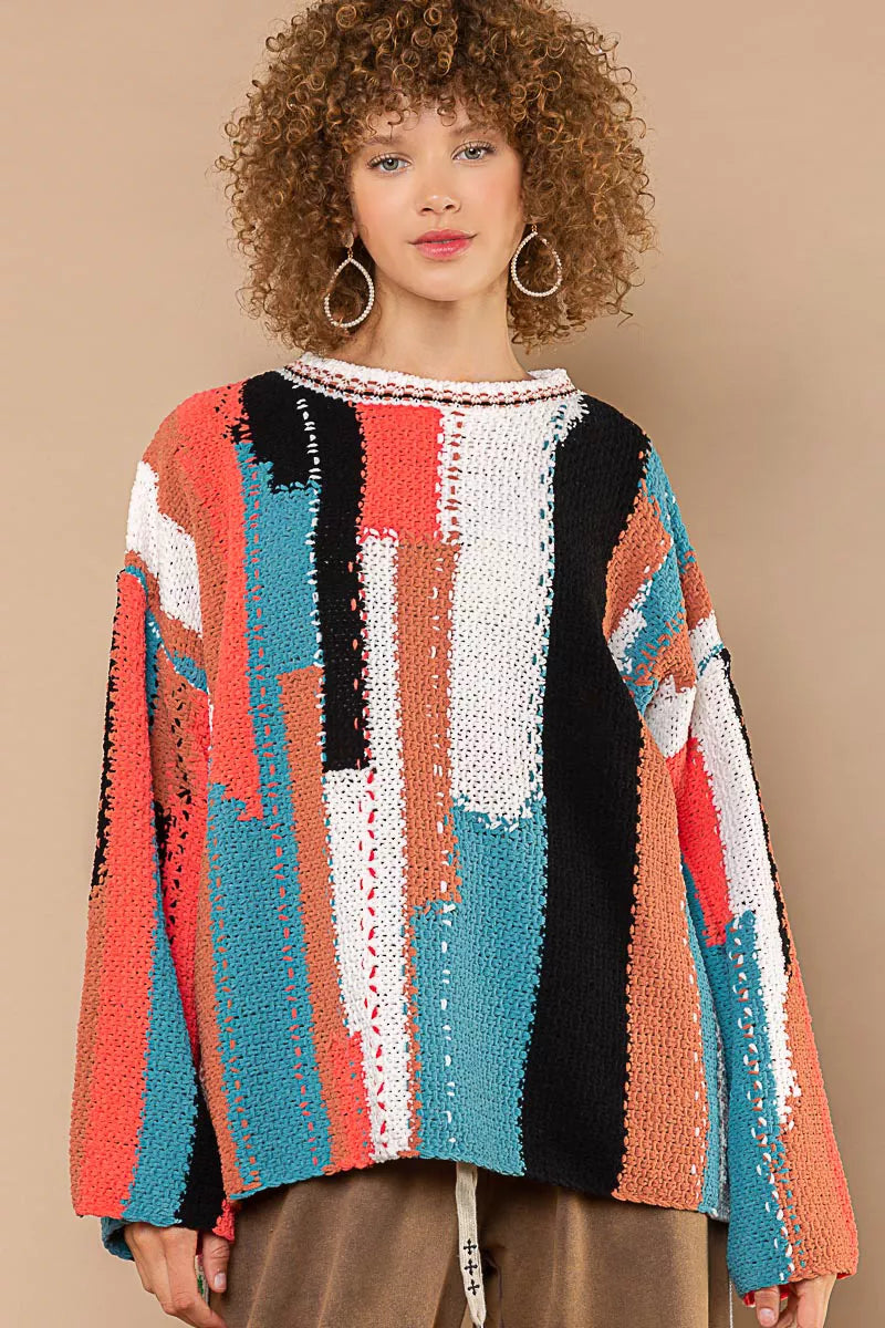 POL Multi Color Block Round Neck Oversized Sweater