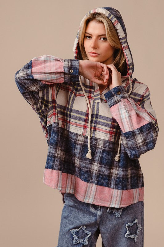 BiBi Drawstring Multi Color Plaid Drop Shoulder Hoodie CREAM NAVY MAUVE