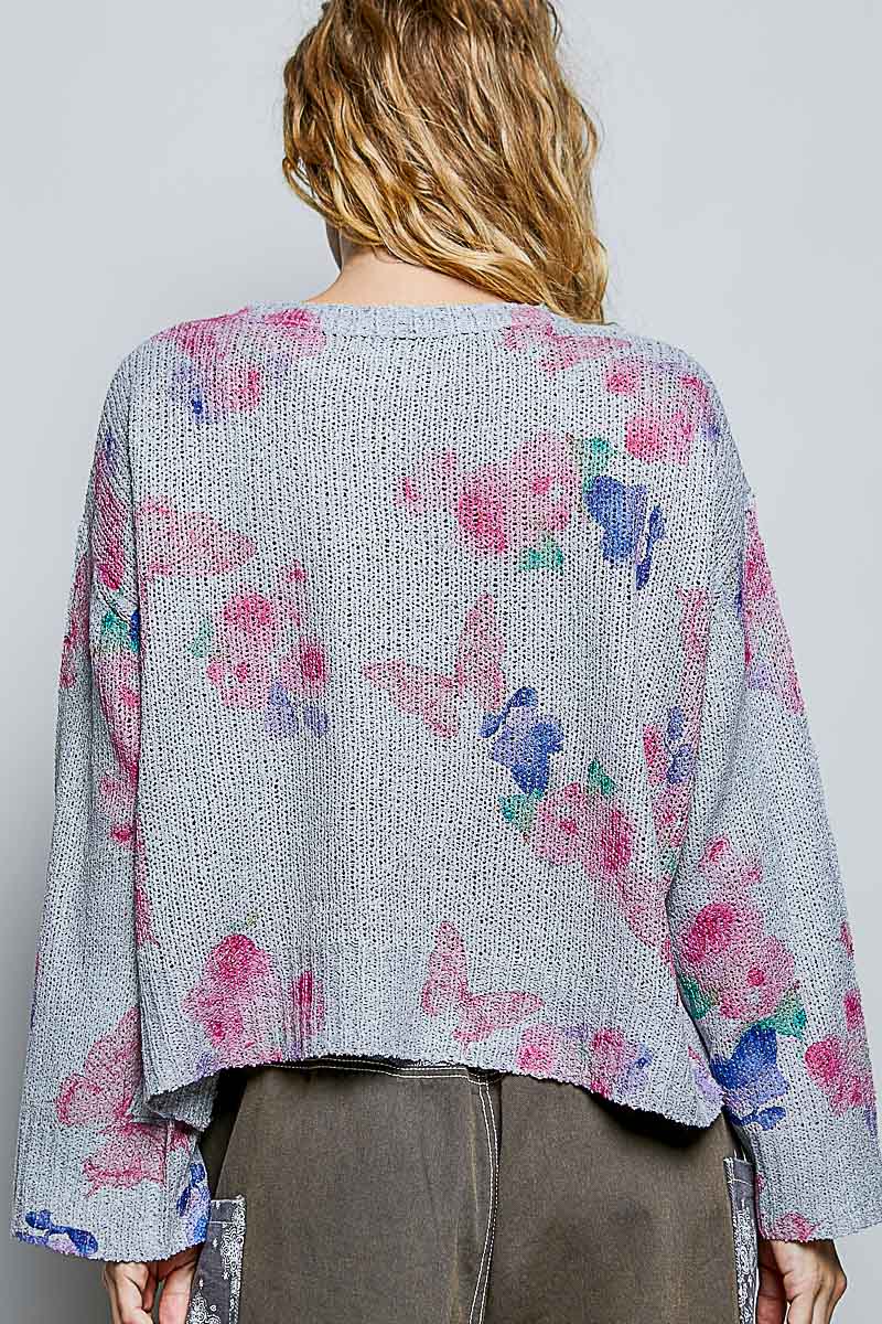 POL Heather Grey Ribbed Butterfly Print Round Neck Knit Sweater Top