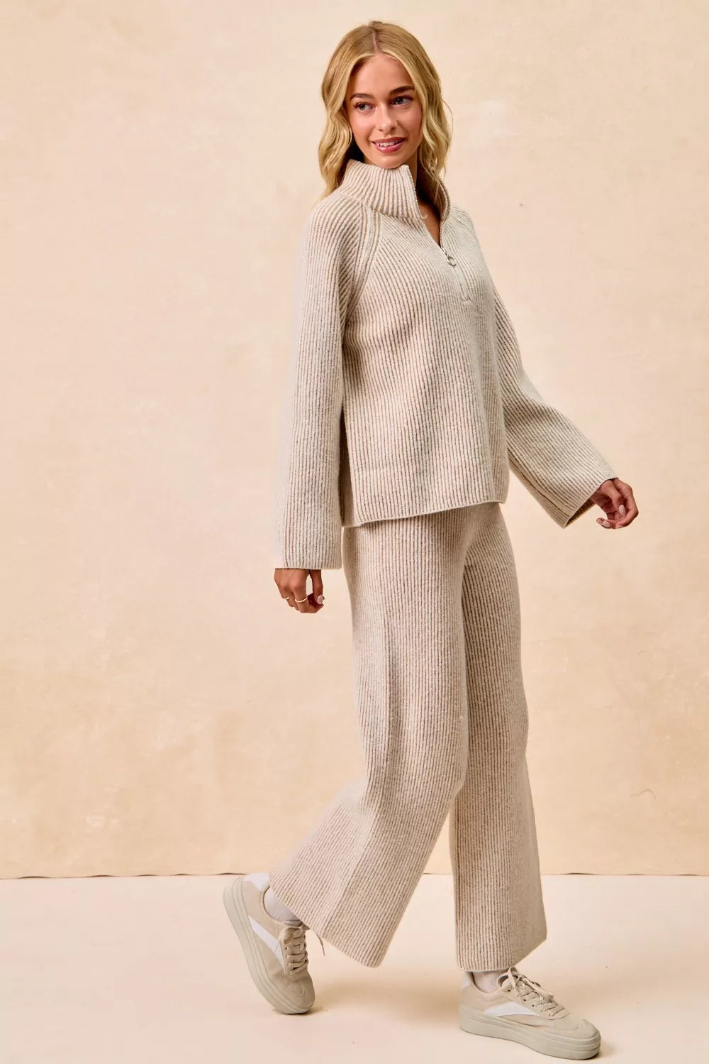 BiBi Taupe Two Tone Rib Texured Knit Collared Top with Zip Up