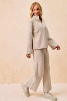 BiBi Taupe Two Tone Rib Texured Knit Collared Top with Zip Up