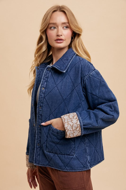 Annie Wear Dark Blue Quilted Printed Lining Snap Down Denim Jacket