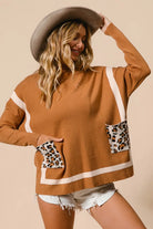 BiBi Camel Mock Neck Sweater with Leopard Pocket