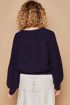 POL Navy Cable Knit Keyhole Cutout Balloon Sleeve Sweater Trendsi