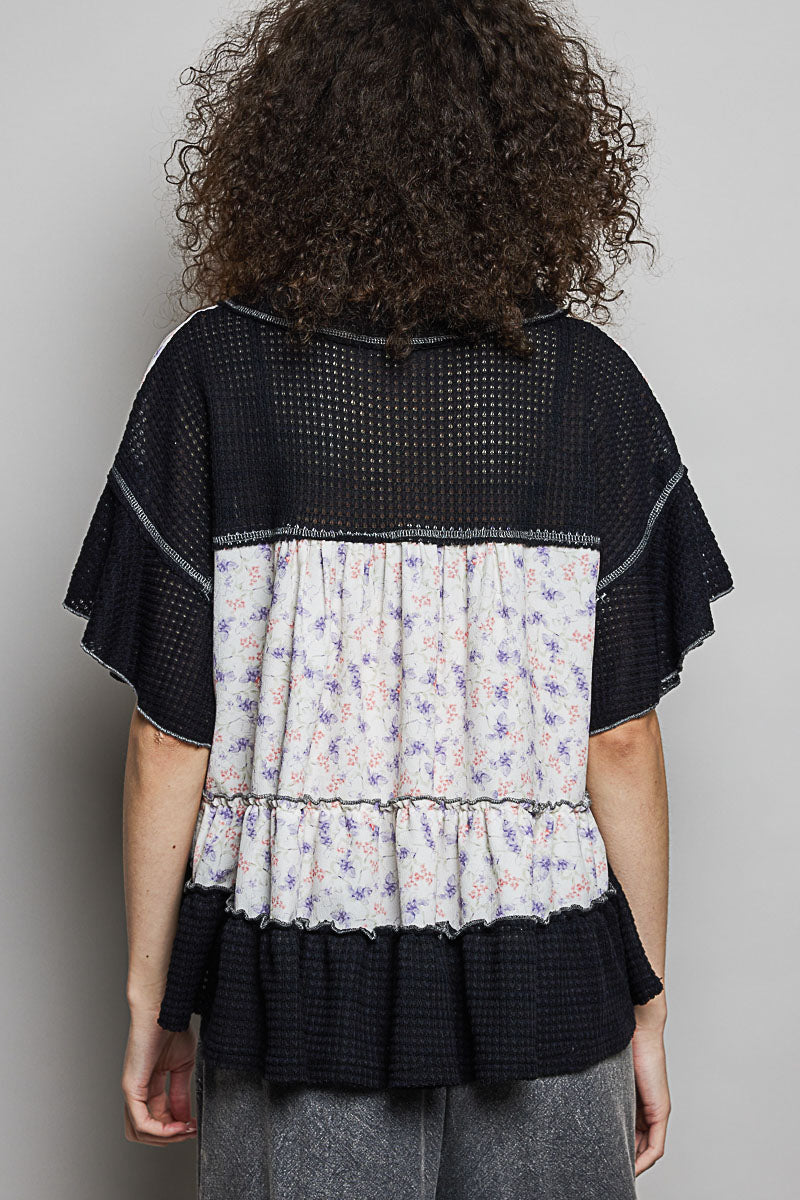 POL Black Floral Print V-Neck Woven Blouse with Gentle Gathers