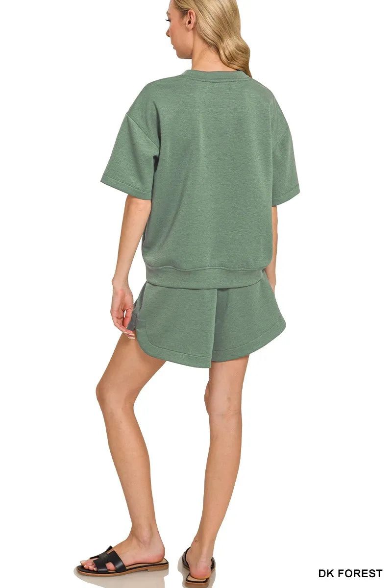 Zenana Dark Forest Scuba Short Sleeve Top & Shorts Set