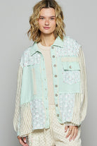 POL Pale Mint Lace Trim Crochet Button Up Denim Jacket PALE MINT