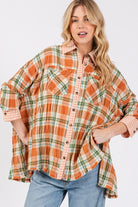 SAGE + FIG Side Slit Plaid Button Down Long Sleeve Shirt Savanna