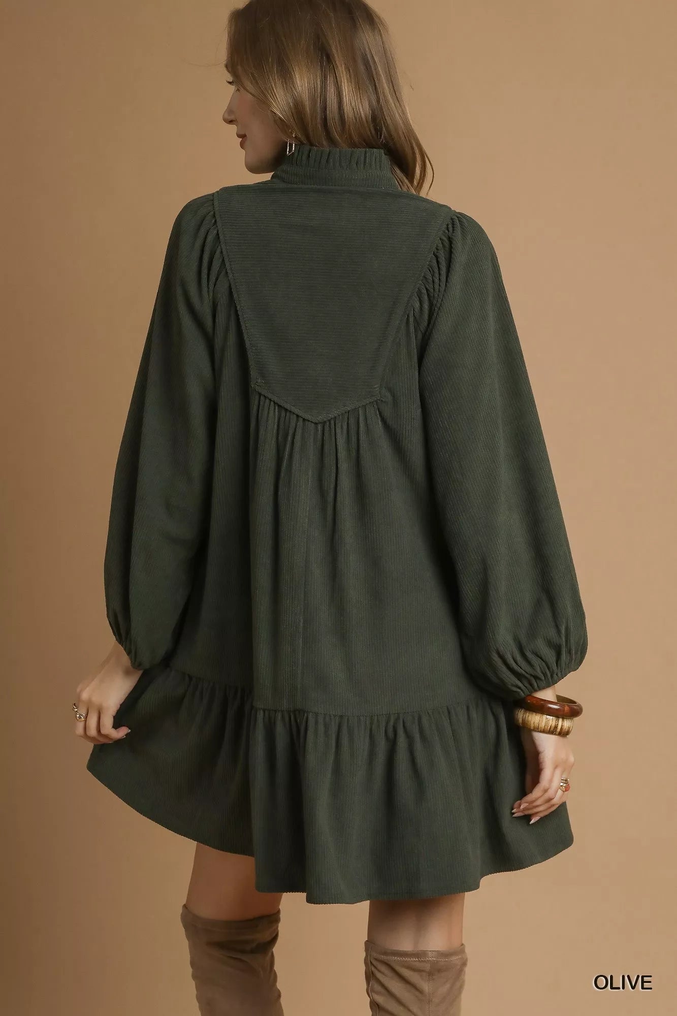 Umgee Olive Corduroy Tiered Babydoll Dress
