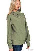 Zenana Light Olive Ribbed High Neck Half Zip Pullover & Pants Set