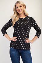 Celeste Black Polka Dot Ribbed Round Neck Three-Quarter Sleeve Top Black Shirts & Tops