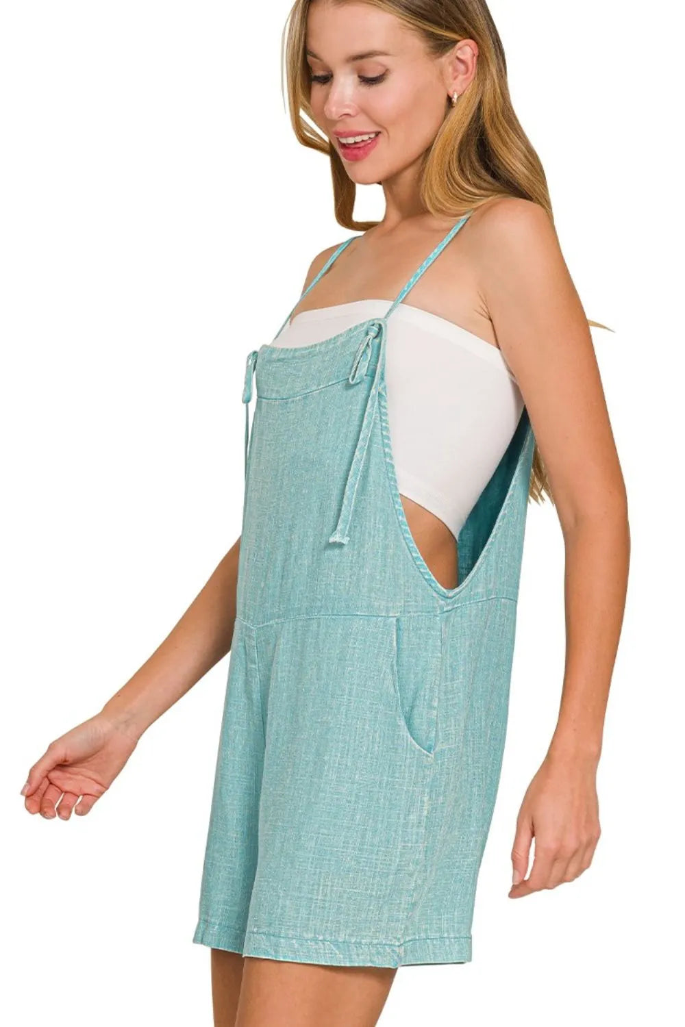 Zenana Ash Mocha Washed Linen Knot Strap Rompers