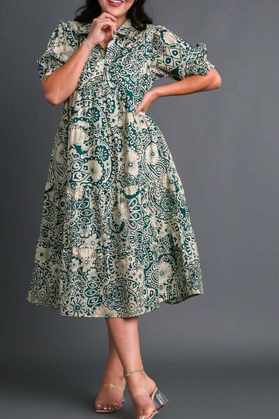 Umgee Turquoise Printed Smocked Cuff Puff Sleeve Midi Dress