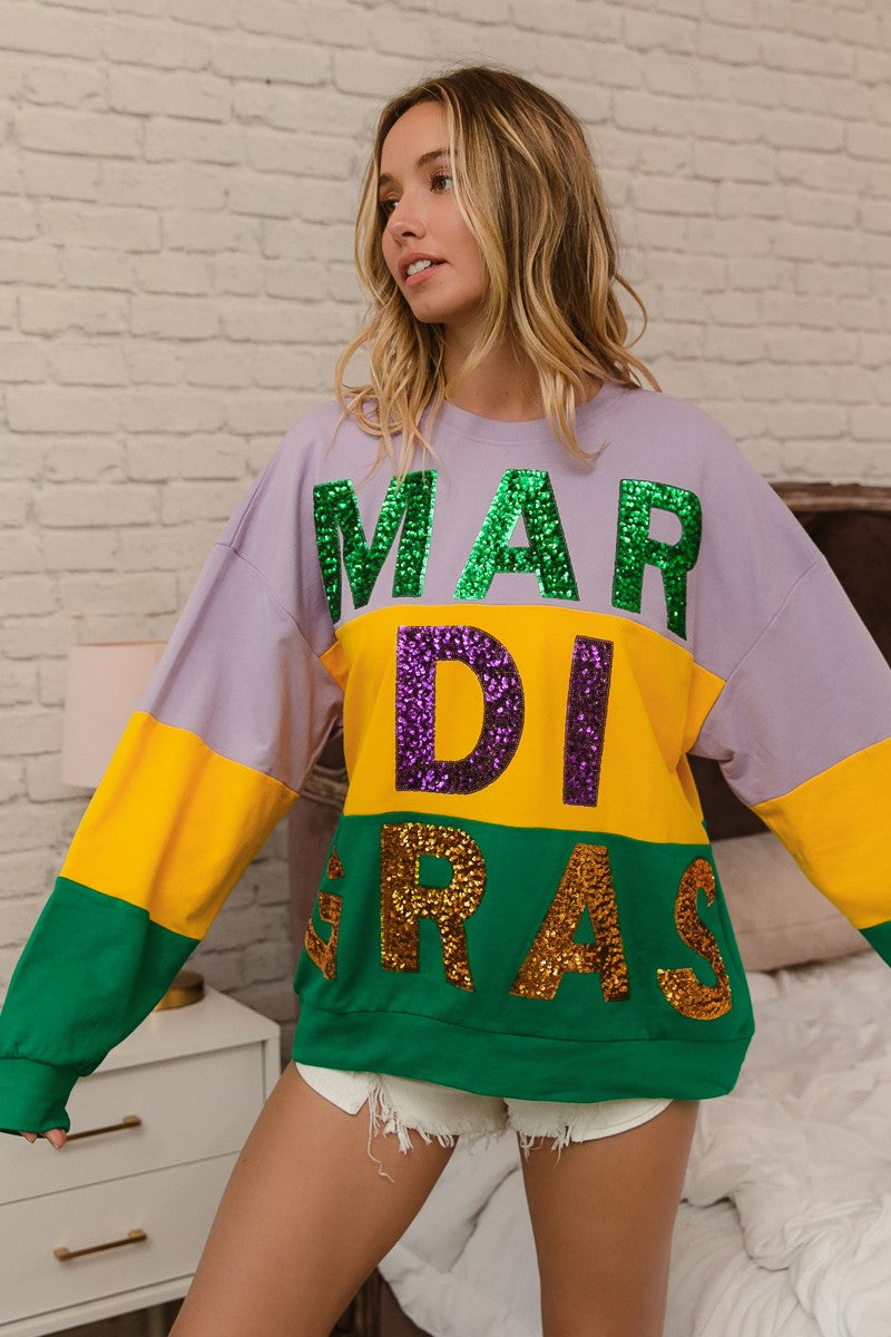 BiBi Sequin Mardi Gras Lettering Color Block Sweatshirt