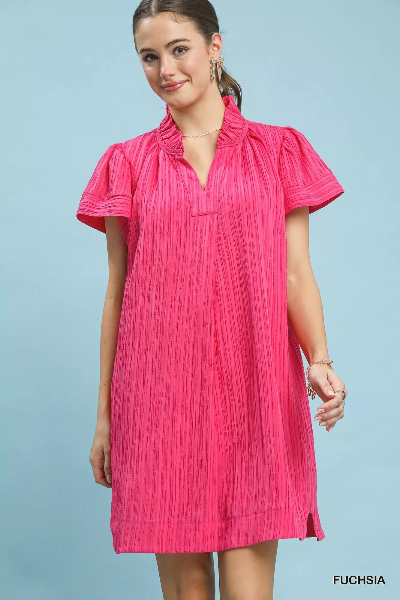 Umgee Flutter Sleeve V-Neck Shift Dress FUCHSIA