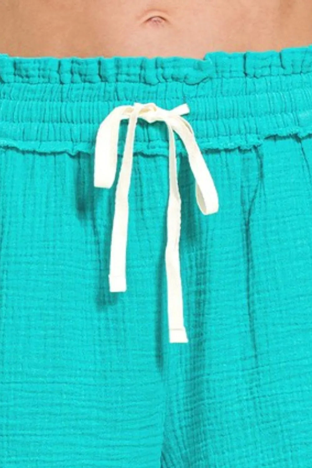 Zenana Turquoise Double Gauze Elasticband Drawstring Waist Shorts