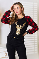 Heimish Sequin Reindeer Graphic Plaid Top Black Trendsi