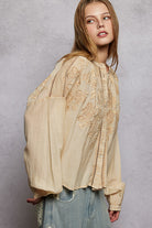 POL Almond Embroidery Button Down Long Sleeve Bohemian Washed Shirt