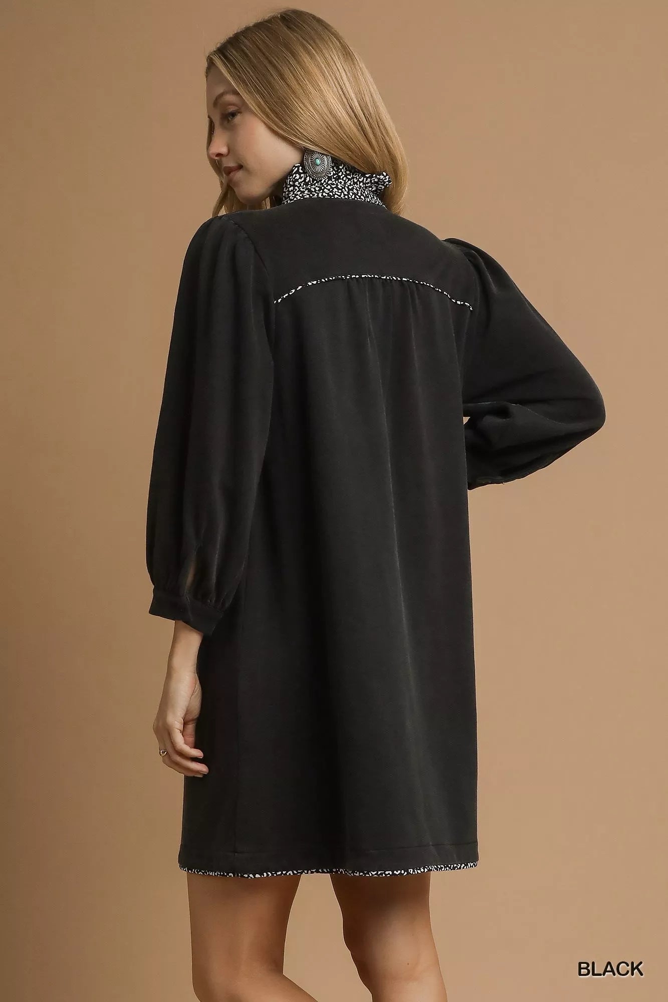 Umgee Black French Terry Balloon Sleeve Shift Dress with Leopard Print Detail